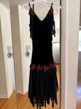 Sue Wong Black Velvet Midi Dress with Burgundy Rose Appliqués